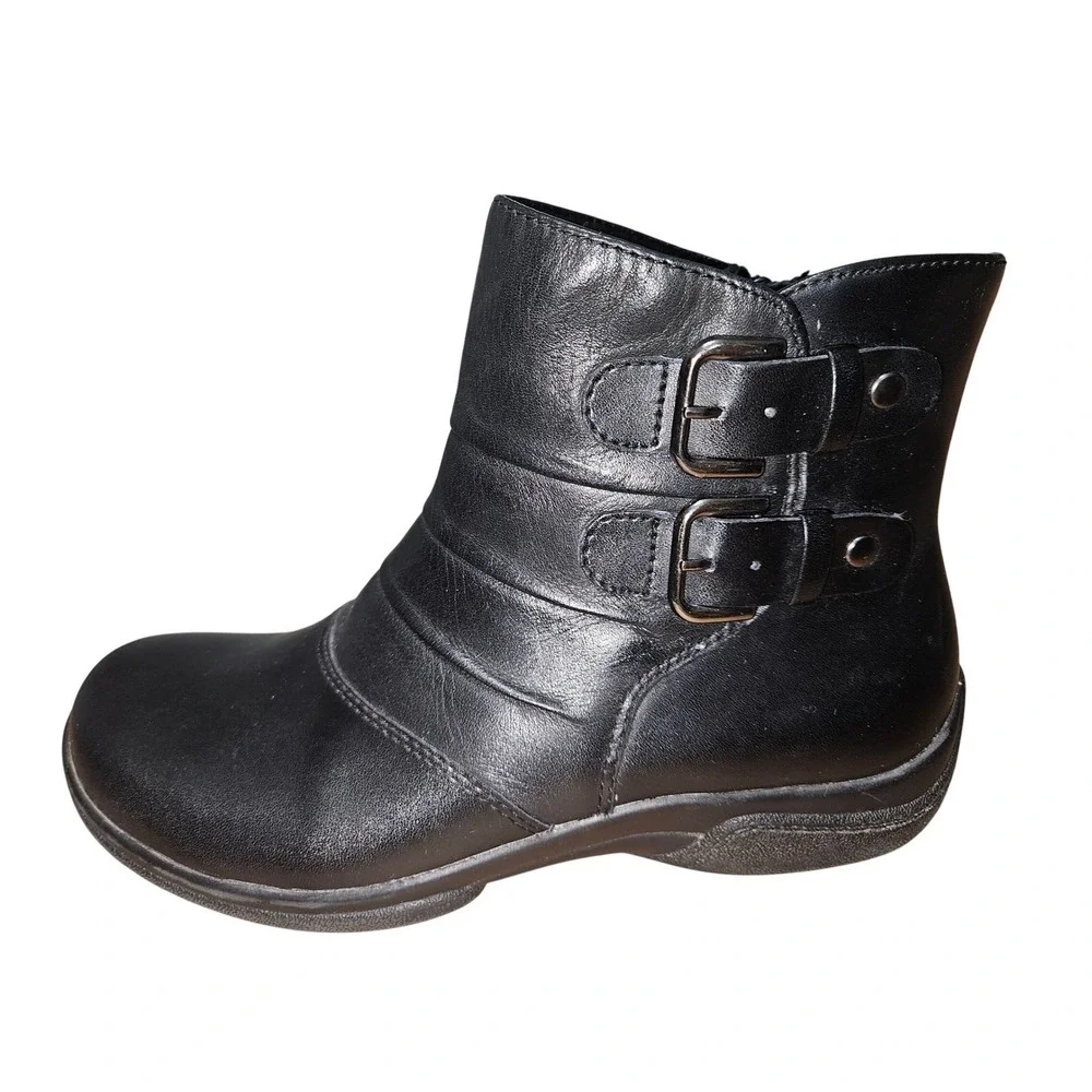 Earth Origins DeSoto‎ Black Leather Ankle Boots Buckle Zip Women's 6